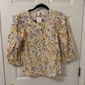 H&M Floral Cream Blouse with Puff Sleeves Large